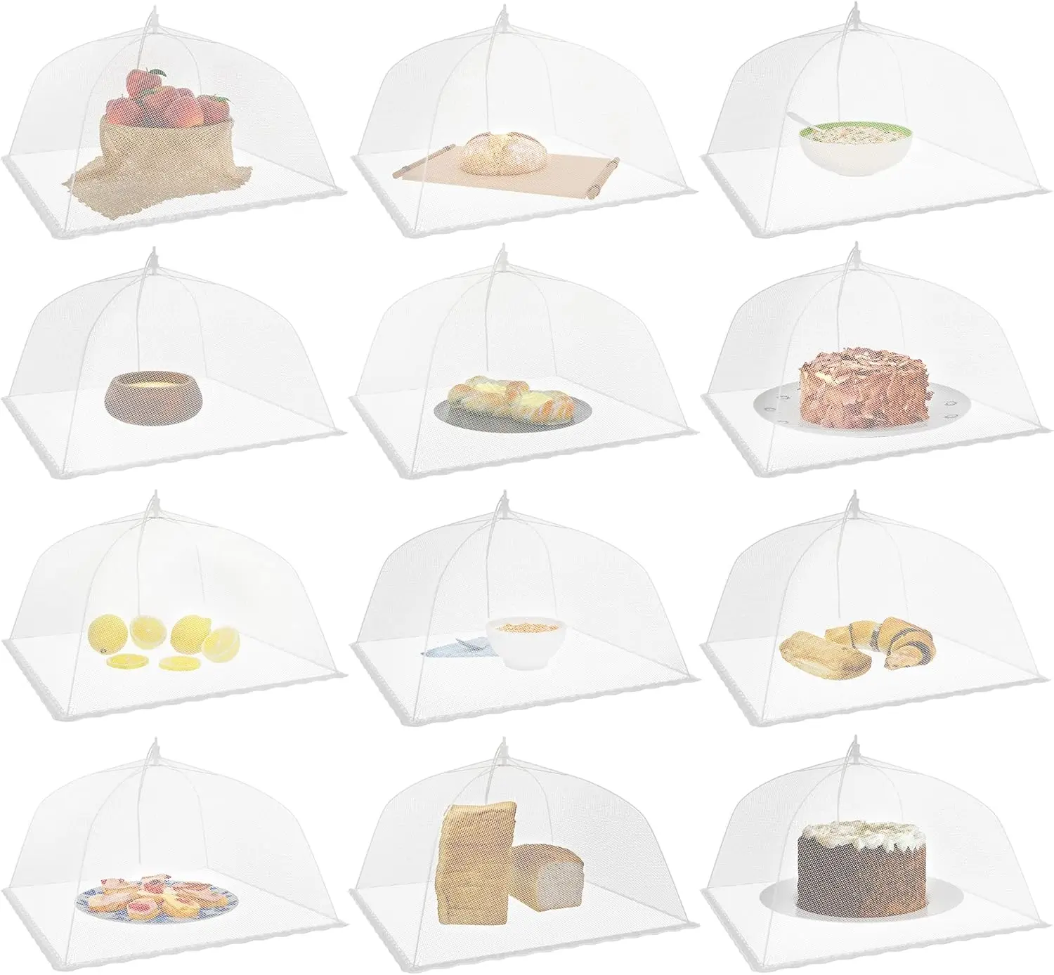 12-Pack Portable 17in x 17in White Collapsible Mesh Food Covers, Outdoor Kitchen-Picnic Hosting Essentials for Car Camping-Tailgating (Automotive & Motorcycle Event Accessories)