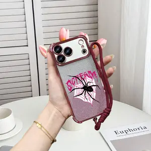 Pink Sparkly Spider Web Phone Case for iPhone 17/16/15/14/13 Pro Max Plus , Shockproof Protective Case with Wrist Strap, Y2K Gothic Aesthetic Cover Lotus Design