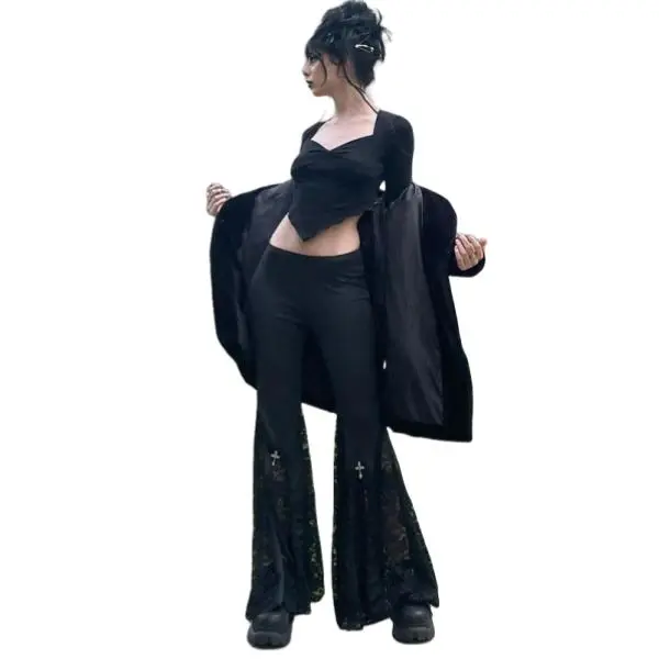 Y2K Gothic Flare Pants for Women Cross Print Lace Mesh Slim Fit Bell Bottoms