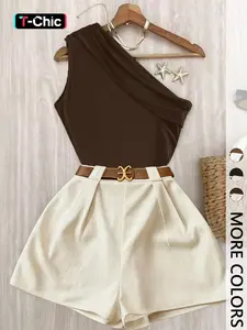 Contrast One-Shoulder Sleeveless Top & Pleated Shorts Matching Casual Set - Ideal for Date Nights, Vacations & Brunch | Comfortable Fitted Two-Piece Set, Quiet Luxury Aesthetic- Trendy Baddie Outfit for Office & Going Out | Viral Go Out Sets