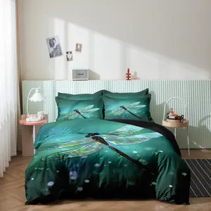 3pcs Duvet Cover Set 3D Advanced Elegant Green Dragonfly Animal Printed Bedding Set For Bedroom and Guest Room (1 Duvet Cover + 2pcs Pillowcase, Without Core)
