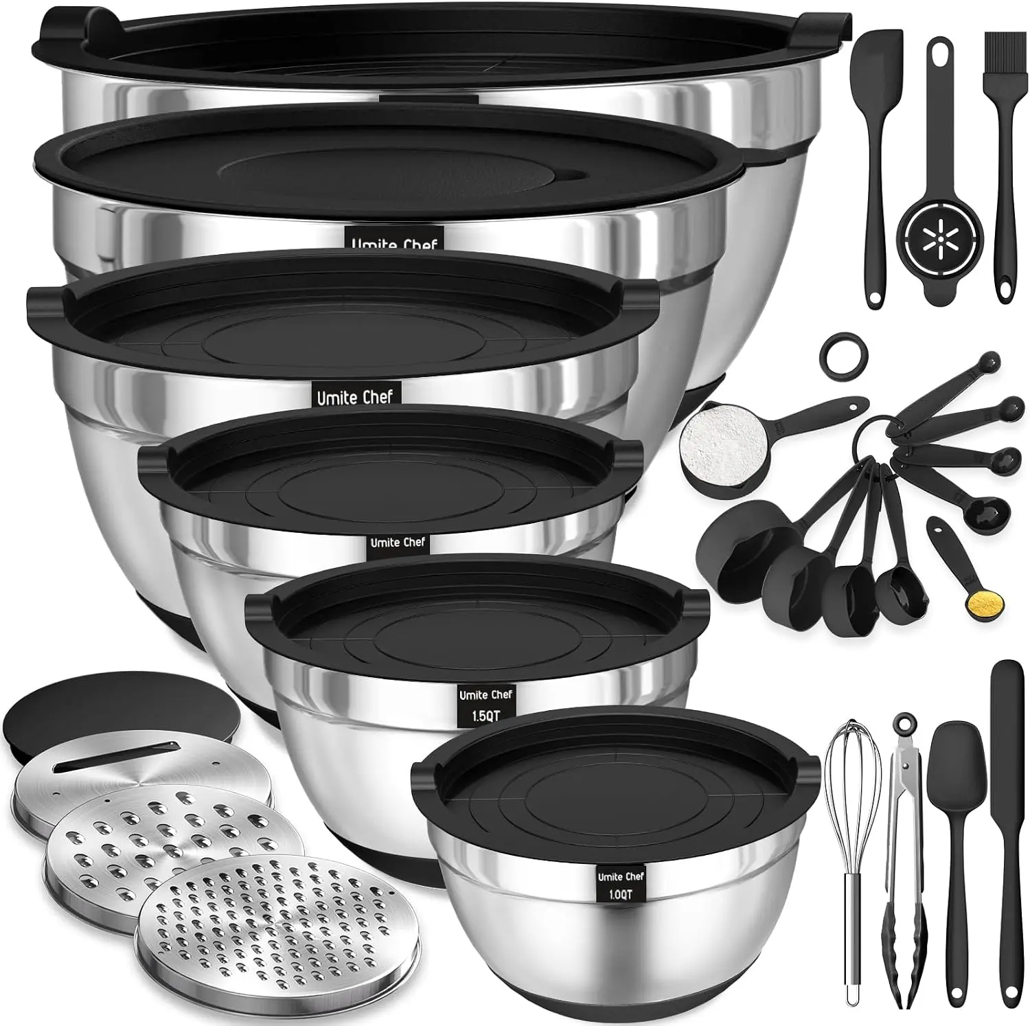 Thick Heavy-Duty Stainless Steel Mixing Bowl Set (26-Piece) with Lids, Grater Attachment, Non-Slip Bottoms & Kitchen Gadgets, 7QT, 4QT, 2.5QT, 2QT, 1.5QT, 1QT Sizes for Mixing, Serving