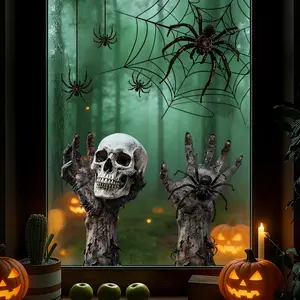 Halloween Window Stickers, Spider Web Skull Zombie Hand Design, PVC Static Adhesive, Home Decor for Halloween Party, 2 Pieces 45cmx30cm