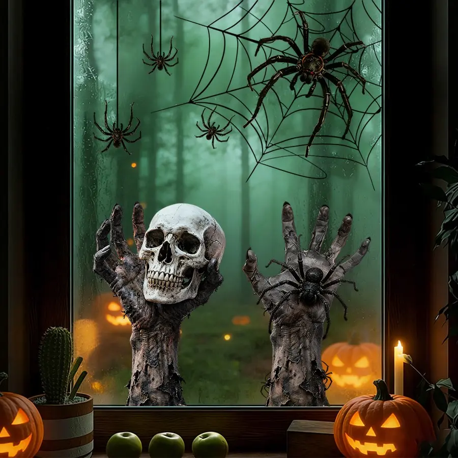 Halloween Window Stickers, Spider Web Skull Zombie Hand Design, PVC Static Adhesive, Home Decor for Halloween Party, 2 Pieces 45cmx30cm