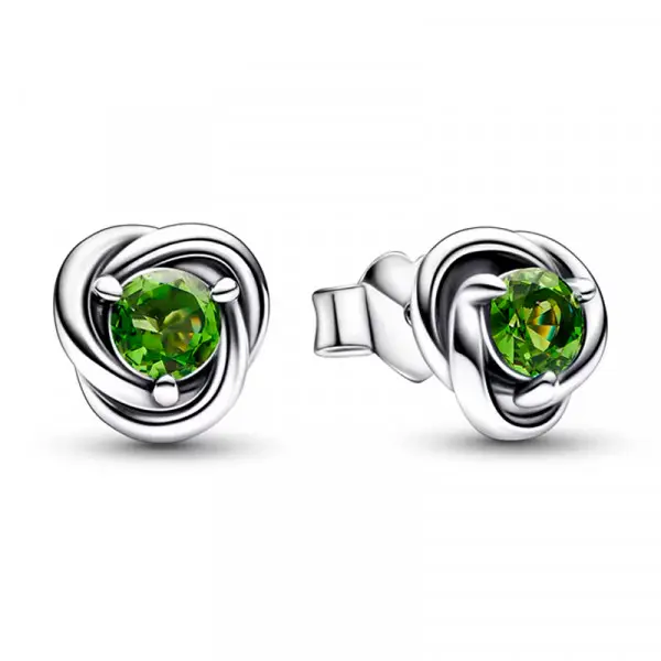 PANDORA August Birthstone Stud Earrings, Sterling Silver Eternity Circle with an Infinity Braid and Round Green Crystal, Daily, Everyday Wear, Crystal Center, Classic Stud, Crystals, Unisex
