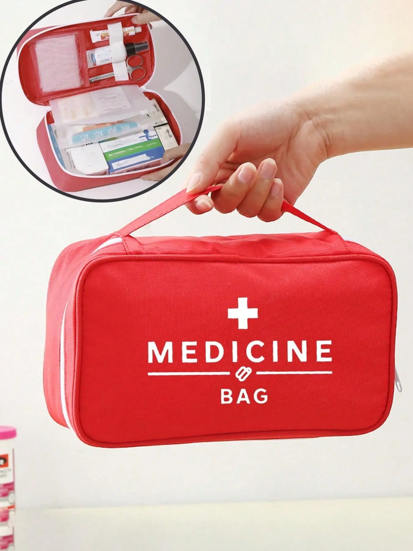 Portable Medicine Bag with Multiple Compartments, Travel Medical Organizer, Storage for Medicines and First Aid Supplies, Multifunctional Fabric Pouch
