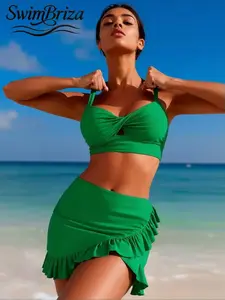 Briza｜Twist Front Ruffle Matte Stretch Green Two-Piece Swimsuit Styled As High Waisted Bikini Sets And Swimsuits 2 Piece With Push Up Bikini Shape For Vacation Swimwear For Women Beach Days Adjustable Straps And Cute Swimsuits For Women