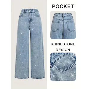 Women's Elegant High-Waisted Wide-Leg Jeans Fitted Woven Fabric Rhinestone Embellished All-Season Fashion Pants Denim Medium Stretch Comfortable Casual Wear - Womenswear Straight Bottom baggy jeans
