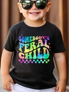 Somebody's Feral Child Letter Print Boy's T-shirt, Casual Short Sleeve Comfortable Versatile Tee Tops For Summer