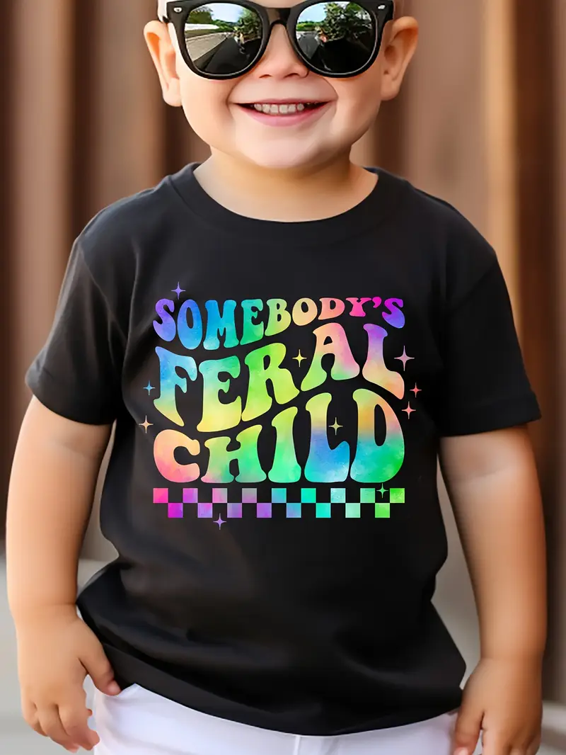Somebody's Feral Child Letter Print Boy's T-shirt, Casual Short Sleeve Comfortable Versatile Tee Tops For Summer