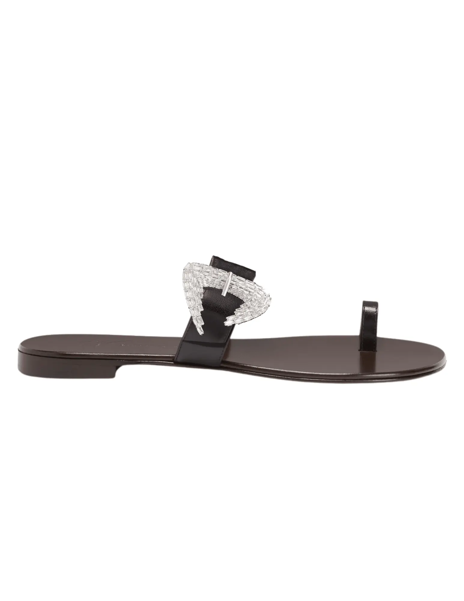 Giuseppe Zanotti Ludhovica Flat Embellished Sandal in Black Leather with Crystal Buckle | Designer Sandals