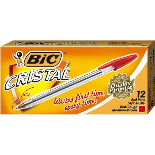 BIC Cristal 1.0mm Medium Point Ballpoint Pen - Tungsten Carbide Tip, Smooth Write, Ink-Matching Cap/Plug, Transparent Ink View, Quick-Dry, Hexagonal Barrel, ISO 11540 Compliant, Long Lasting, Eco-Friendly Red Pen for DIY Woodwork, Hobby Projects, Cap And