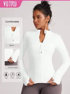 VUTRU Women's Fitted Athletic Jacket With Thumb Holes And Stand Collar White Spring Sports