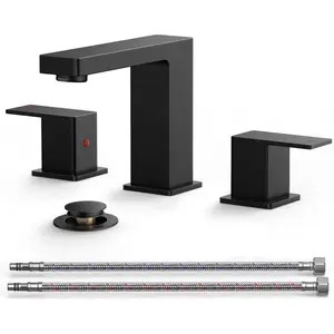 Matte Black Bathroom Faucet 3 Hole, Square Bathroom Sink Faucet 8 Inch Widespread, 2 Handle for 4"-12"  Sink with Metal Pop Up Drain and 24" cUPC  Hoses