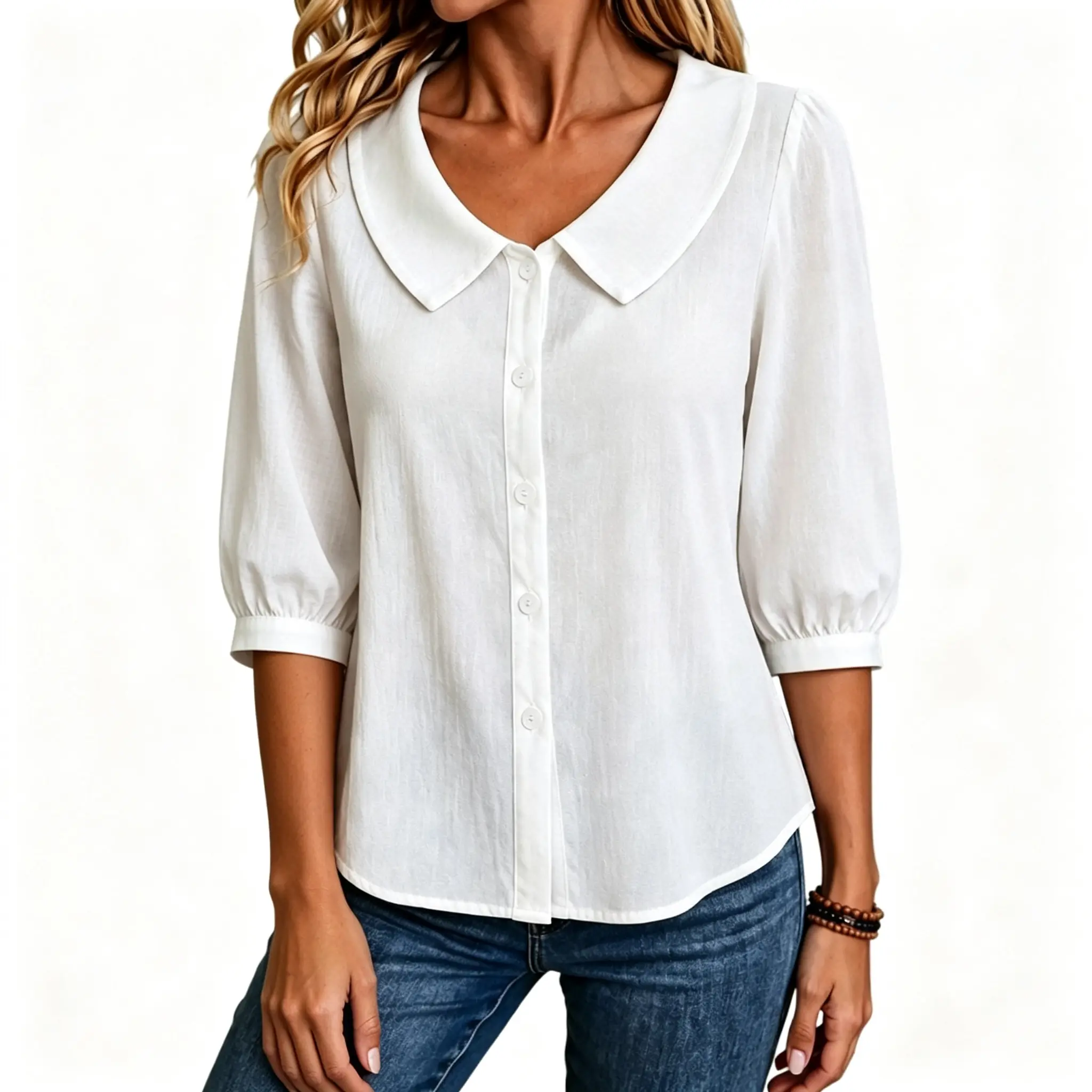 Flamingals Solid Pleated Peter Pan Collar Lantern Sleeve Shirt