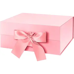 Gift Box for Presents with Ribbon 9x6.5x3.8 Inches, Pink Gift Box with Lid, Bridesmaid Proposal Box (Glossy Pink)