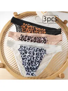 Men's Leopard Print Mesh Panties, 3-Pack Semi-Transparent Breathable Comfort, Casual Daily Wear, Sweat-Free Fashion Trend, All Seasons, Breathable Undergarments
