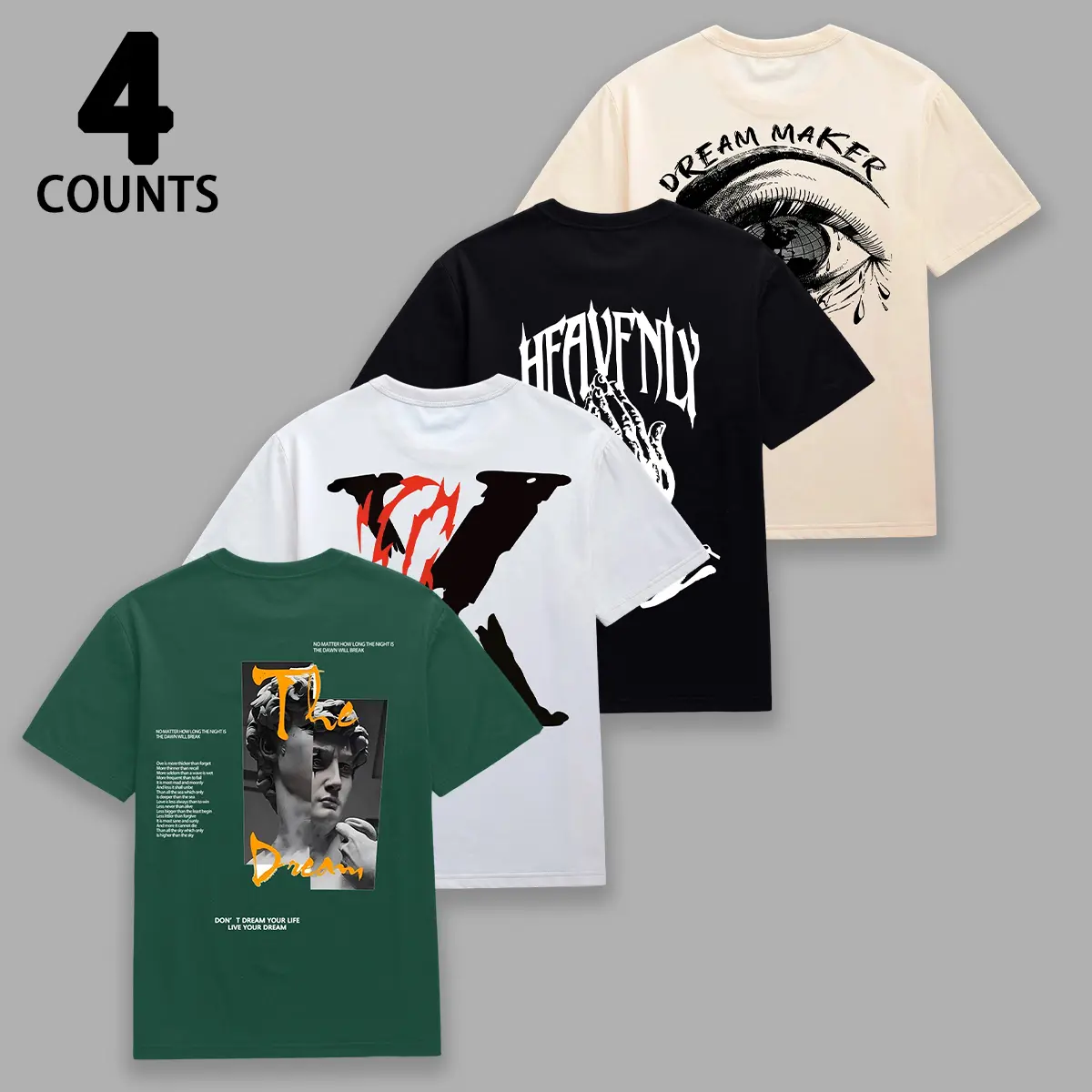 Men's 4-Piece Round Neck Short-Sleeve Graphic T-Shirt Set - Edgy Streetwear Menswear Tops with Praying Hands, Eye Motifs, Ultra-Soft Breathable Fabric for Casual Outings, Lounging, Graphic Shirts, Men's Graphic Tees