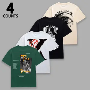 Mens 4-Piece Set Short-Sleeve Round Neck Tops, Menswear with Edgy Streetwear Prints (Praying Hands, Eye Motifs), Ultra-Soft Breathable Fabric for Casual Outings, Lounging