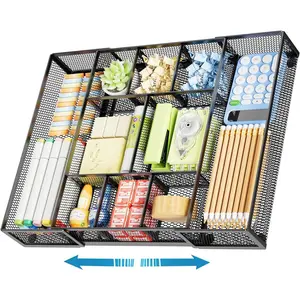 Expandable Mesh Desk Drawer Organizer Tray with 10 Adjustable Compartments, Desk Organizer for Office Supplies, Makeup & Vanity (Black)