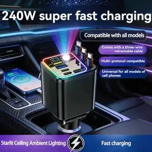 7-in-1 Retractable 120W Car Charger with Starry Sky Ambient Light