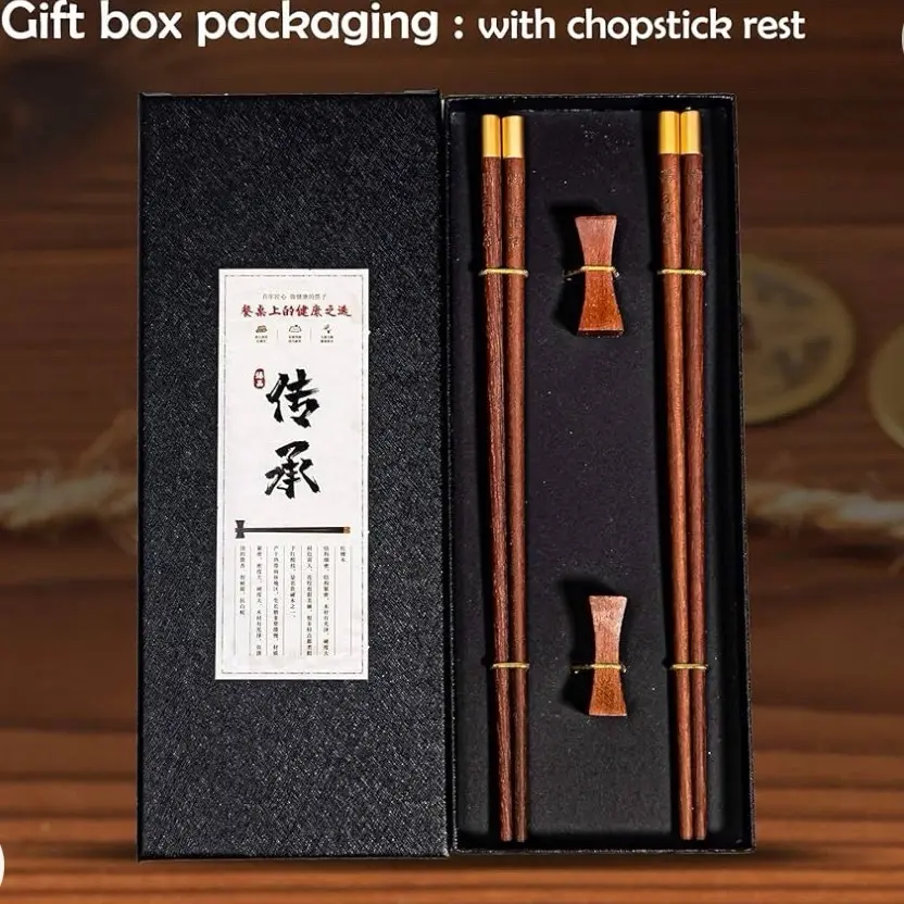 Buy one Set Get One Free .. Red Sandalwood Round Chopsticks with Copperhead and Rest - Tableware Cutlery