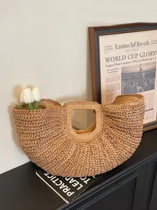 1pc Ladies' fashionable, simple, casual, retro solid color handbag suitable for daily commuting, shopping, beach vacation, ladies' essential straw woven bag