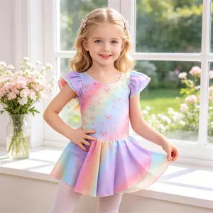 Girls Rainbow Butterfly Ballet Leotard Tutu Dress | Pastel Gradient Ruffle Sleeve Dancewear for Toddler Recital & Ballet Class