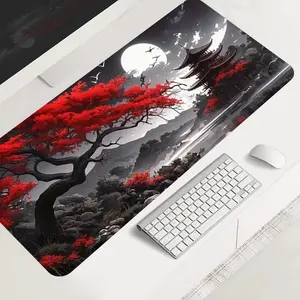 Red Cherry Blossom Japanese Landscape large-sized gaming mouse pad, aesthetic desktop protection pad, anti-slip rubber lock edge high-definition printing, suitable for computers, laptops, offices, homes, schools, as a gift for family and friends
