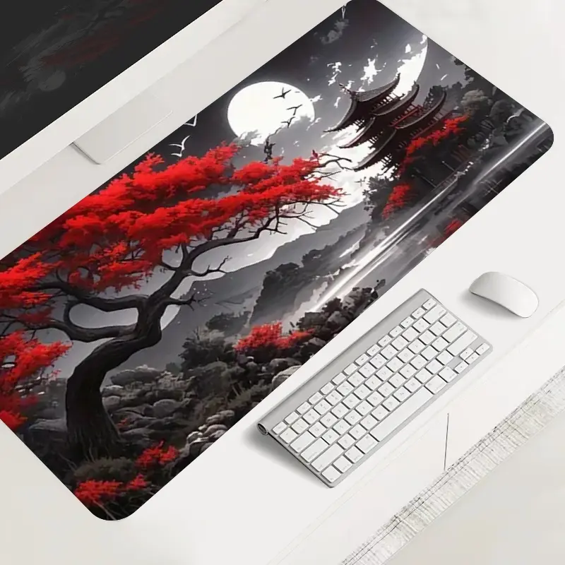 Red Cherry Blossom Japanese Landscape large gaming mouse pad, Desk Mat Cute, desktop protection pad, anti-slip rubber lock edge high-definition printing, suitable for computers, offices, homes, as a gift for family and friends