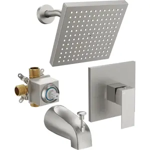 Tub Shower Faucet Set with Valve, 8- Inch Square shower  and tub faucet set Brushed Nickel, Rainfall Shower Faucet Set with Tub Spout, High- Tub Shower Trim Kit