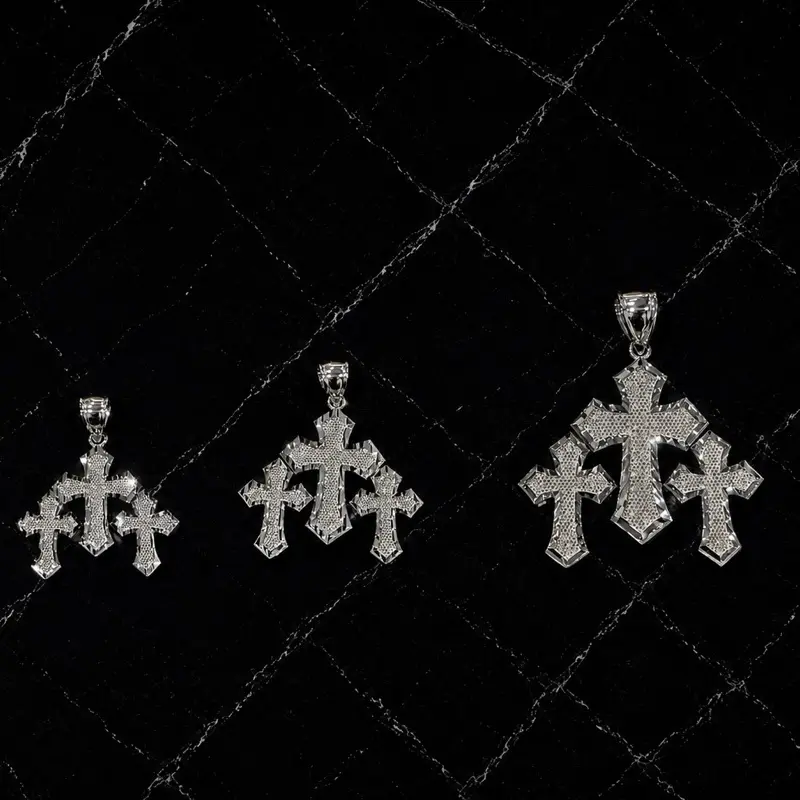 925 Sterling Silver Triple Cross Pendant - Diamond Cut