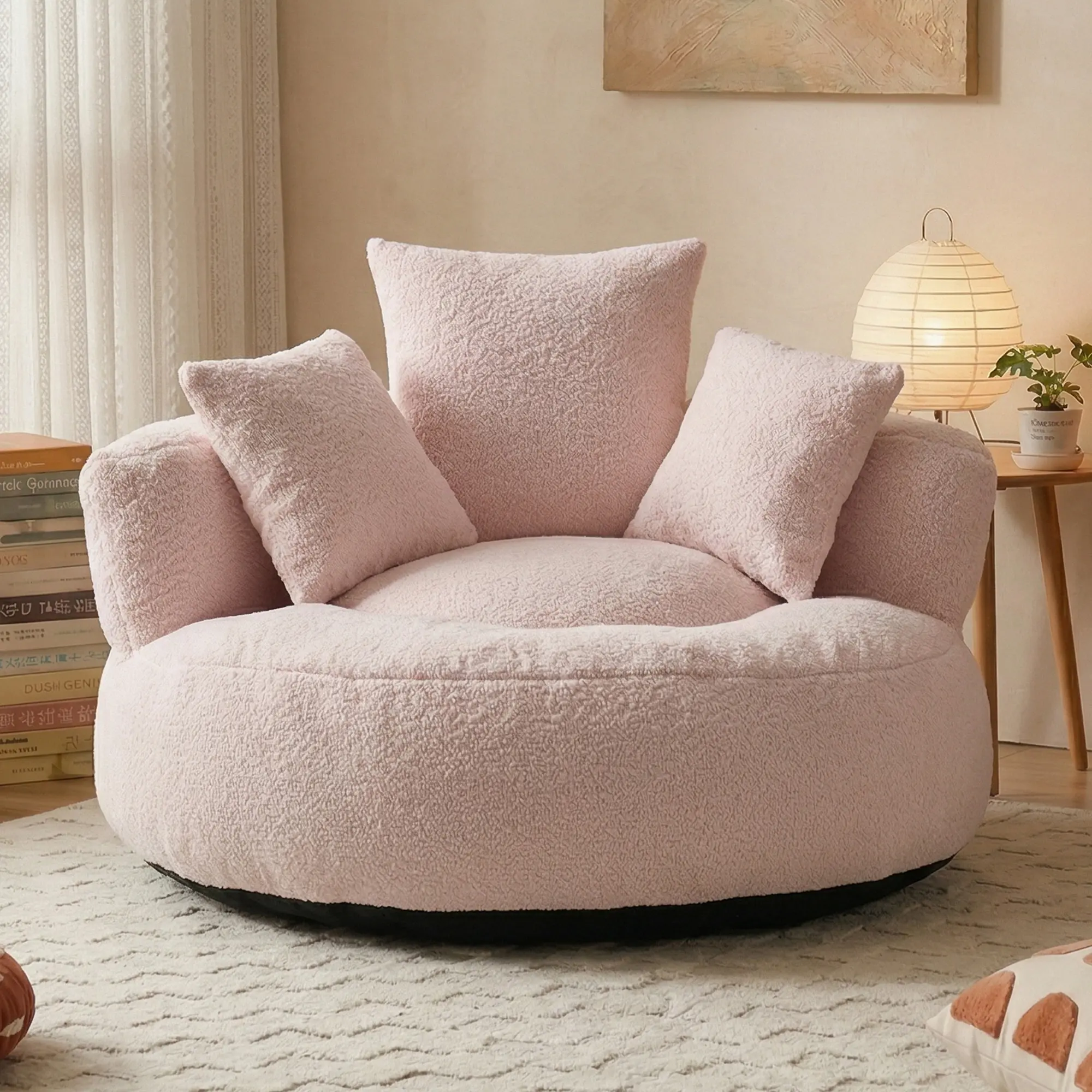 42.5" Round Bean Bag Chair for Adults, Chenille Frabic Accent Chair with 3 Throw Pillows, Deep Seat Lounge Chair, Cozy Reading Chair for Living Room, Bedroom & Apartment Lazy Bean Bag Beanbag Couch Beanbag Loveseat