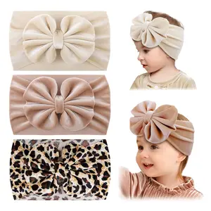 Baby Girl Headbands with Bows, Soft Elastics Handmade Velvet Hairbands and Accessories for Infant Toddlers Kids in Khaki, Beige, Leopard