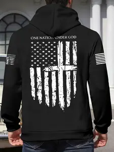 Men's Fall Winter Fleece Hoodie, Casual Loose Fit, Fashion Cross American Flag Letter Print, Ideal Gift, Unisex Long Sleeve Sweatshirt