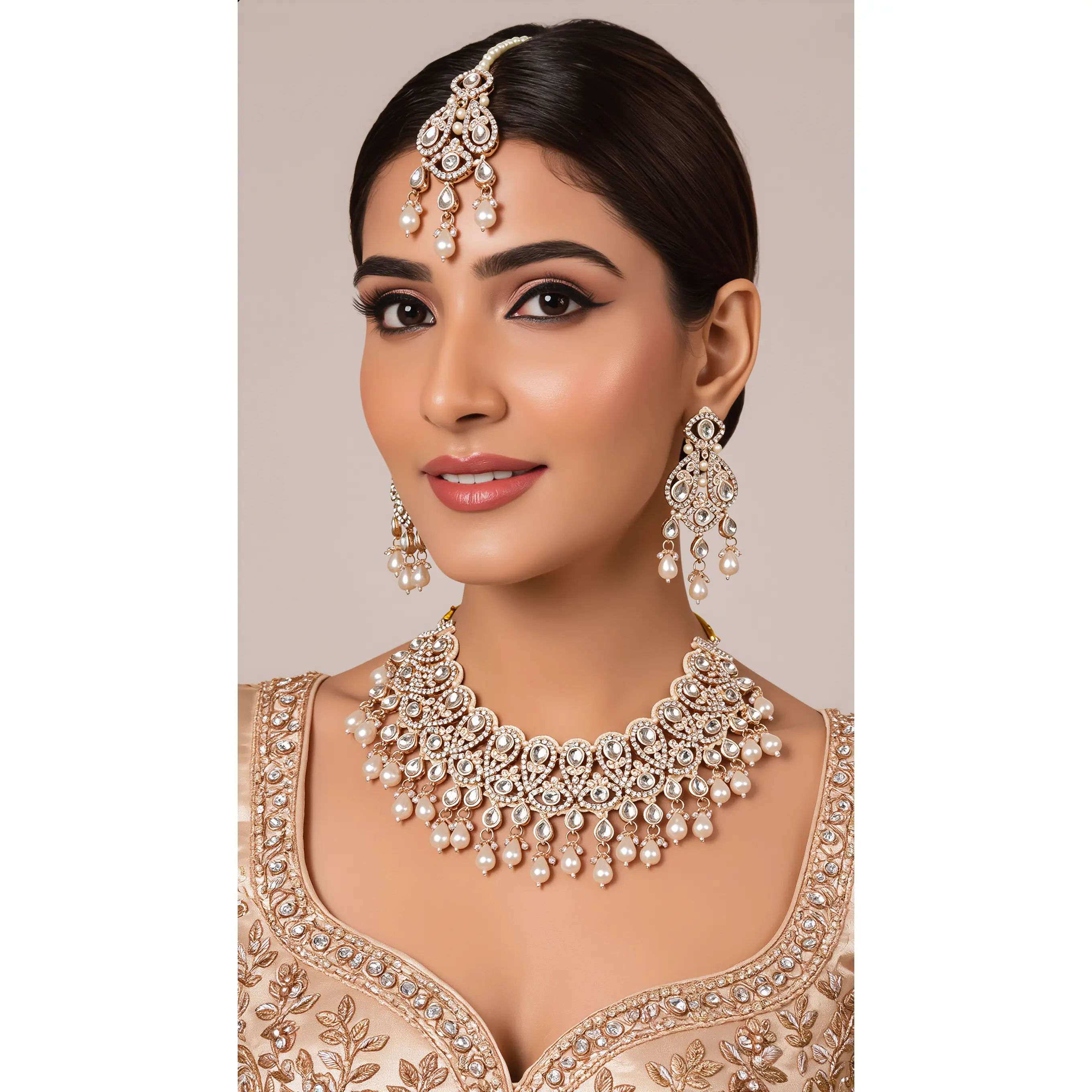 Champagne Pearl Kundan Bridal Jewelry Set with Earrings & Maang Tikka | Rose Gold Indian Pakistani Afghan Wedding Necklace | Jewelry Gift Box Included 6048