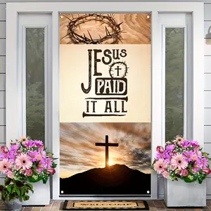 2D flat banner， 1 Easter porch banner - Christian religious decoration, Jesus paid for everything with the cross and crown of thorns - Rural style porch, door hanging or interior wall decoration - No electricity required - Easter Resurrection celebration