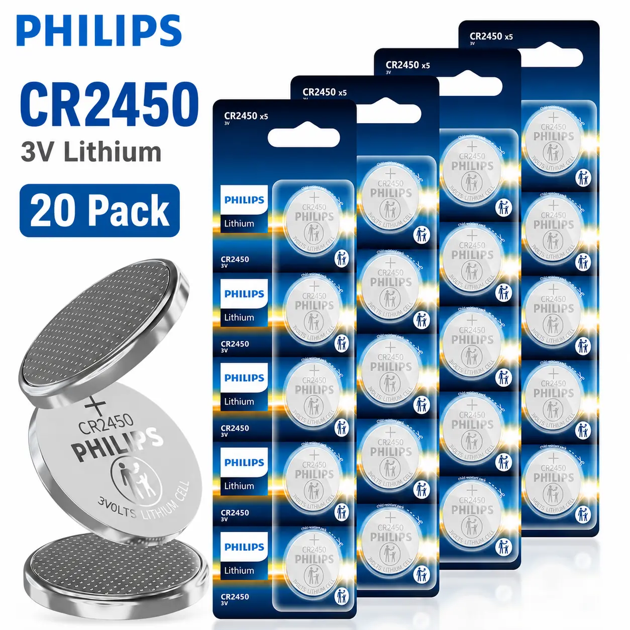 Philips CR2450 3V Lithium Coin Cell Batteries, 5/10/20 Pack Button Batteries, Long-Lasting 2450 Batteries for Remotes, Sensors, Scales, Watches & Small Electronics