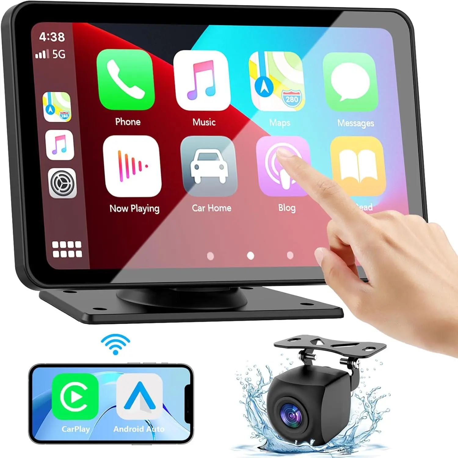 Wireless CarPlay Screen with Rear Camera, 7" HD Wireless Portable Car Play Touchscreen Stereo with Android Auto Mirror Link/Backup Camera/GPS Navigation/Satellite Radio for All Vehicles