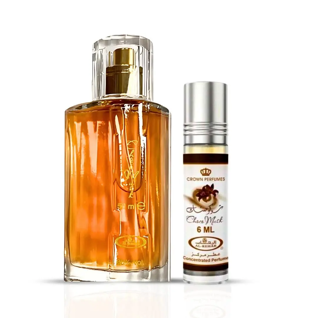 Al-Rehab Choco Musk Unisex Fragrances Bundle: 50ml (1.65 oz) Eau de Parfum Spray & Roll-On Perfume Oil, Sweet Cozy Scent with Vanilla Perfumes & Rich Chocolate Notes for Unisex Wear