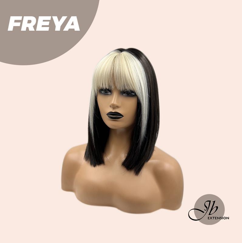 JBEXTENSION 14 Inches Bob Cut Short Straight Black With White Bangs Wig FREYA