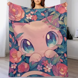 Cute Mew Pink Floral Anime Creature Throw Blanket Cozy Flannel Blanket Soft Warm Blanket for Bedroom Living Room Sofa Couch Kawaii Decor