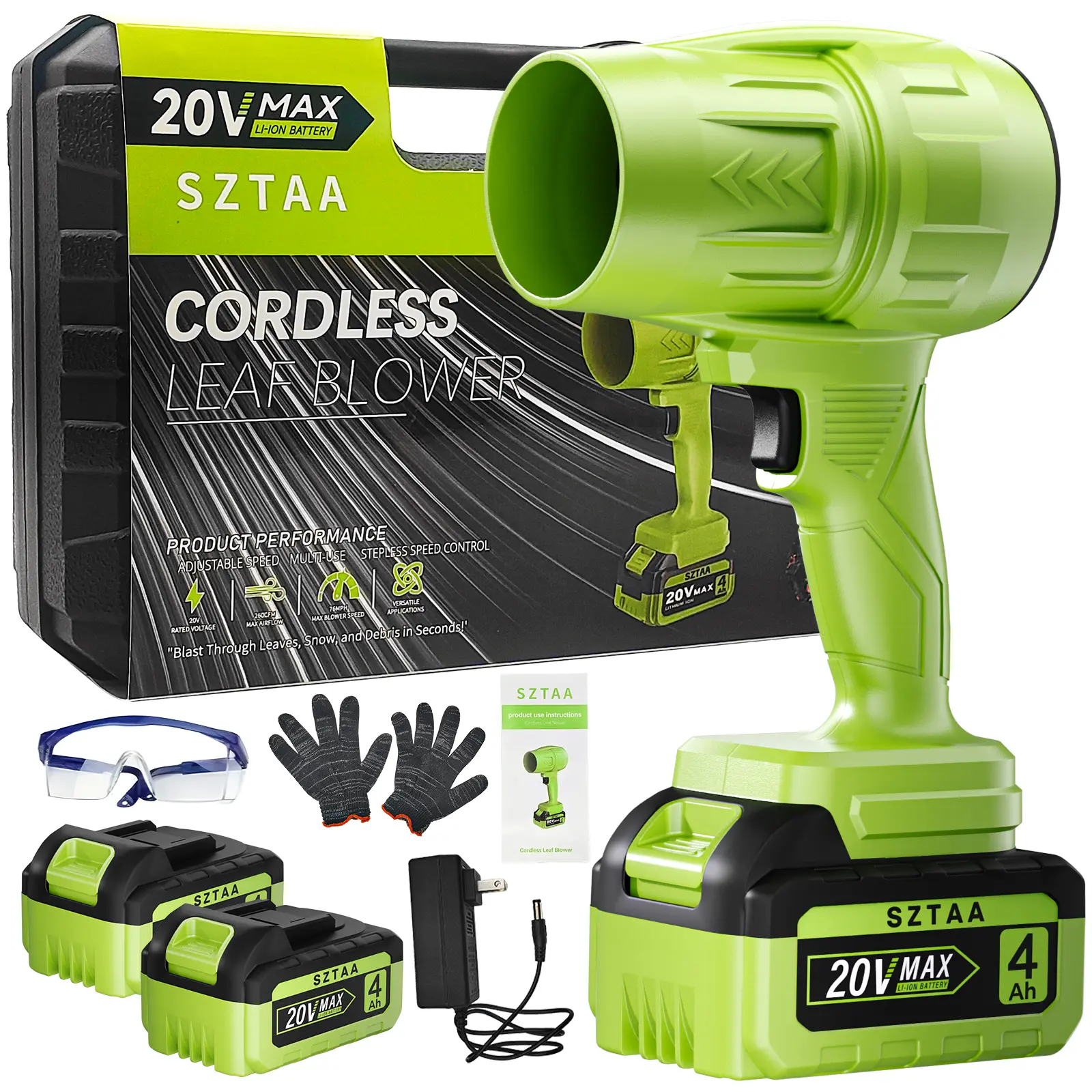 SZTAA 1500W Turbo Jet Blower CYJ-2D-green Cordless Leaf Blower with 2 Batteries 20V Max 4Ah Brushless Pure Copper Motor for Car Drying & Garden Maintenance