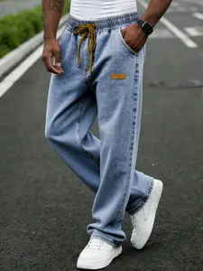 Four-season drawstring elastic waist non-stretch washed and distressed loose straight-leg denim long pants, Jeans, with a comfortable drapey silhouette suitable for daily and weekend wear, essential for a simple and urban look