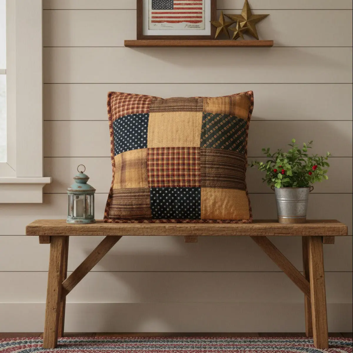 Primitive Patchwork Blocks Cotton Pillow, Tea Stain Floral Design, Button Closure, Machine Washable Soft Furnishing Pillow