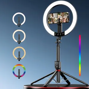 Ring Light with Four-legged Stand, RGB Full-color Adjustable Selfie Stick with 2 Remote Control, Aluminum Alloy Selfie Stick for Live Broadcasts Outdoor Activities Studio Light Tripod Remote, Smartphone Camera Accessories
