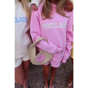 Women's Casual Long Sleeve Pixelated Fleece Boxy Fit Embroidered Mock-Neck Hoodie Pullover, Pink Women's Top