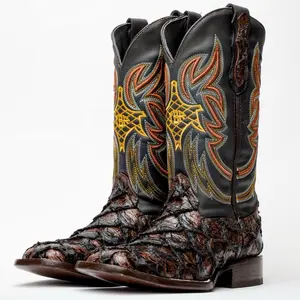 Chocolate Brown Jumbo Pirarucu Leather Boots - Square Toe