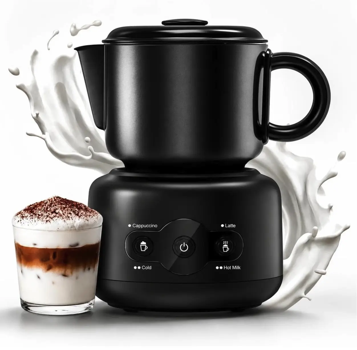 Kismile Compact Electric Milk Frother & Warmer, 150-300mL, Dishwasher-Safe Detachable Cup & Parts, Floating Whisk, Latte Art Spout, Round Base, Small Footprint, Maker for Latte, Cappuccino