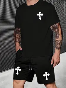 Short Sleeve T-Shirt with Cross Print and Shorts Set, Loose-Fitting American Street Style Casual Menswear Outfit for Men and Women